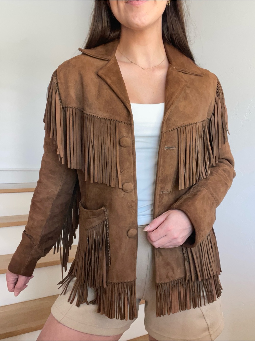 Vintage J Bar C Brown Suede Leather Fringe Western Button Jacket Coat Size Small